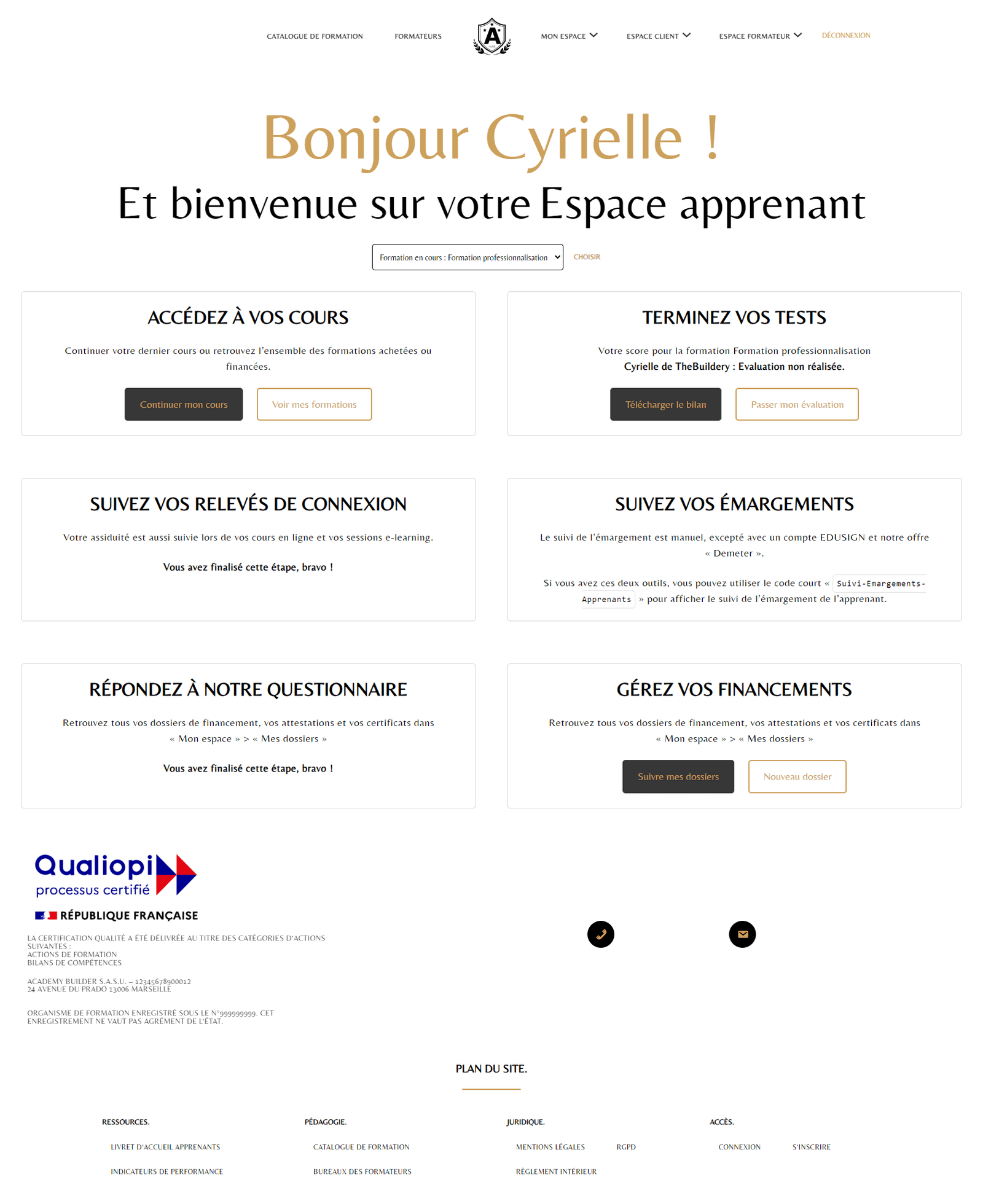 espace pédagogique apprenant qualiopi academy builder