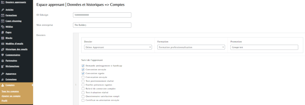 suivi checklist apprenants academy builder